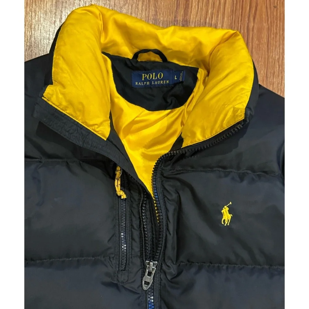 Polo Ralph Lauren Down Puffer Jacket 250 Black Yellow Men L Talon Sportsman RRL